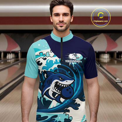 Custom Blue Shark Bowling Polo, Quarter Zip Shirts For Men, Personalized Shark Bowling Team Shirt NQS10469