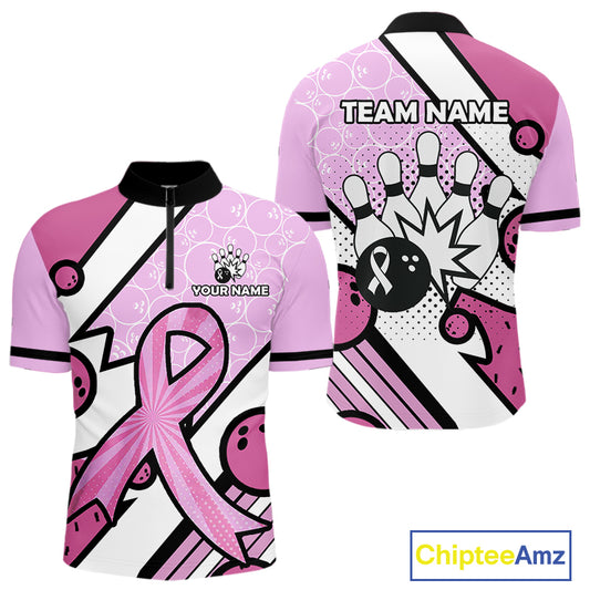Personalized Pink Ribbons Camo Bowling Shirts For Men, Custom breast cancer bowling Team shirts NQS10533
