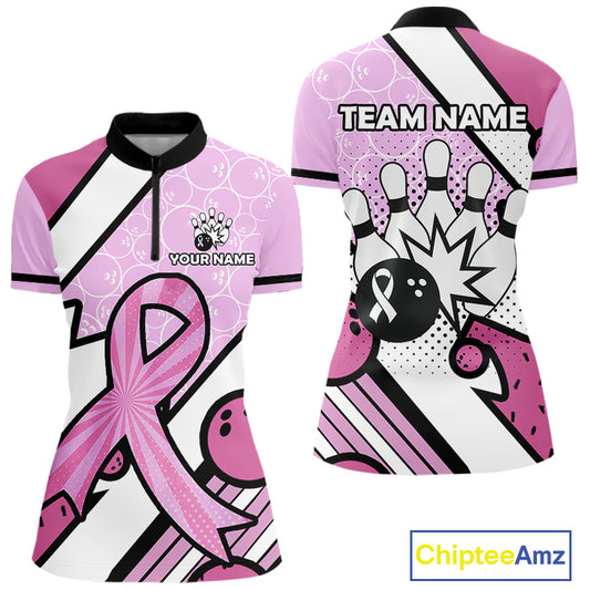 Personalized Pink Ribbons Camo Bowling Shirts For Women, Custom breast cancer bowling Team shirts NQS10533