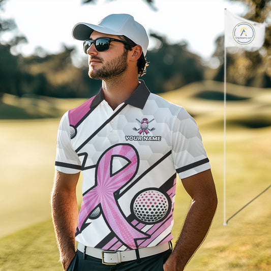 Personalized Pink Ribbons Camo Golf Polo Shirts for Men, Custom breast cancer Golf Team shirts NQS10534