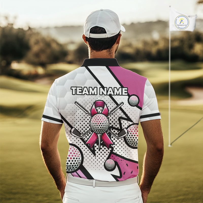 Personalized Pink Ribbons Camo Golf Polo Shirts for Men, Custom breast cancer Golf Team shirts NQS10534
