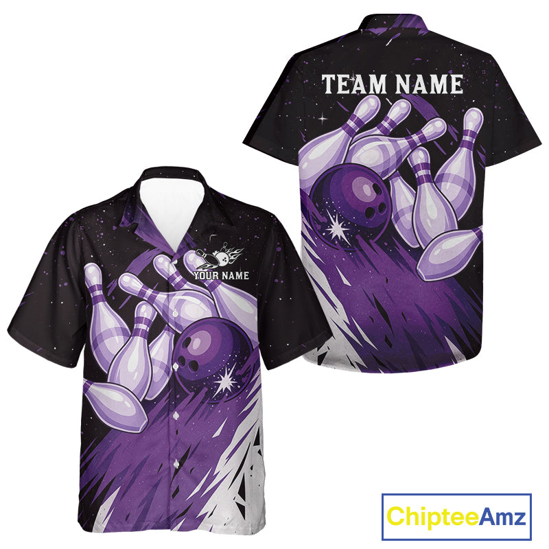Custom Black & Purple Galaxy Bowling Team Hawaiian shirt, Personalized Bowling Jerseys NQS10544