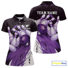 Load image into Gallery viewer, Custom Black &amp; Purple Galaxy Bowling Team Polo, 1/4 Zip Shirt For Women, Personalized Bowling Jerseys NQS10544