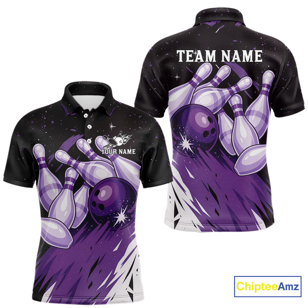 Custom Black And Purple Galaxy Bowling Team Polo, 1/4 Zip Shirt For Men, Personalized Bowling Jerseys NQS10544