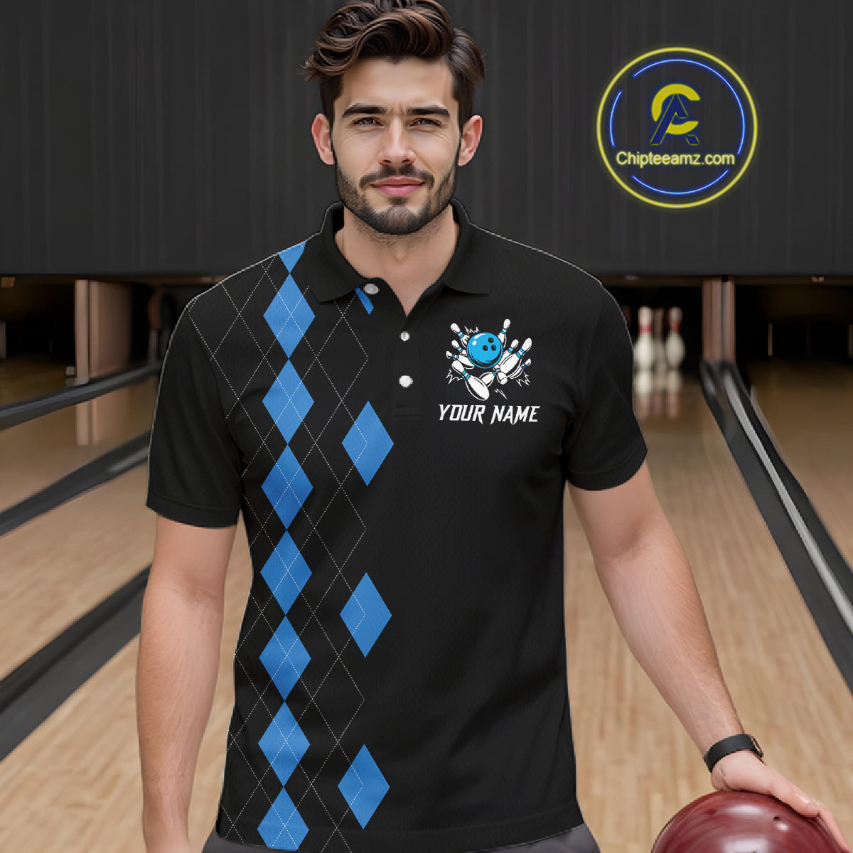 Black and Blue argyle bowling polo shirts, 1/4 zip shirt for men Custom team bowling jerseys men NQS11404