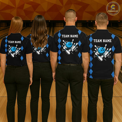 Black and Blue argyle bowling polo shirts, 1/4 zip shirt for men Custom team bowling jerseys men NQS11404