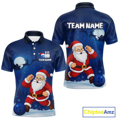 Custom Blue Funny Christmas Santa Bowling Polo, Quarter Zip Shirt For Men, Bowling Team League Jersey NQS10827