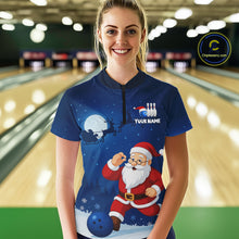 Load image into Gallery viewer, Custom Blue Funny Christmas Santa Bowling Polo, 1/4 Zip Shirt For Women, Bowling Team League Jersey NQS10827
