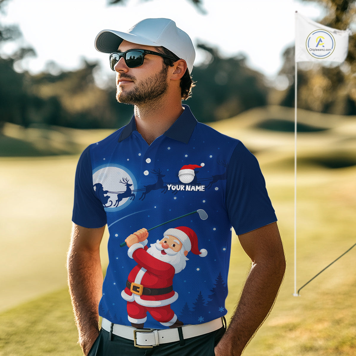 Funny Santa Christmas Golf polo shirts for men Custom Blue team golf jerseys, Christmas golf gifts NQS10828