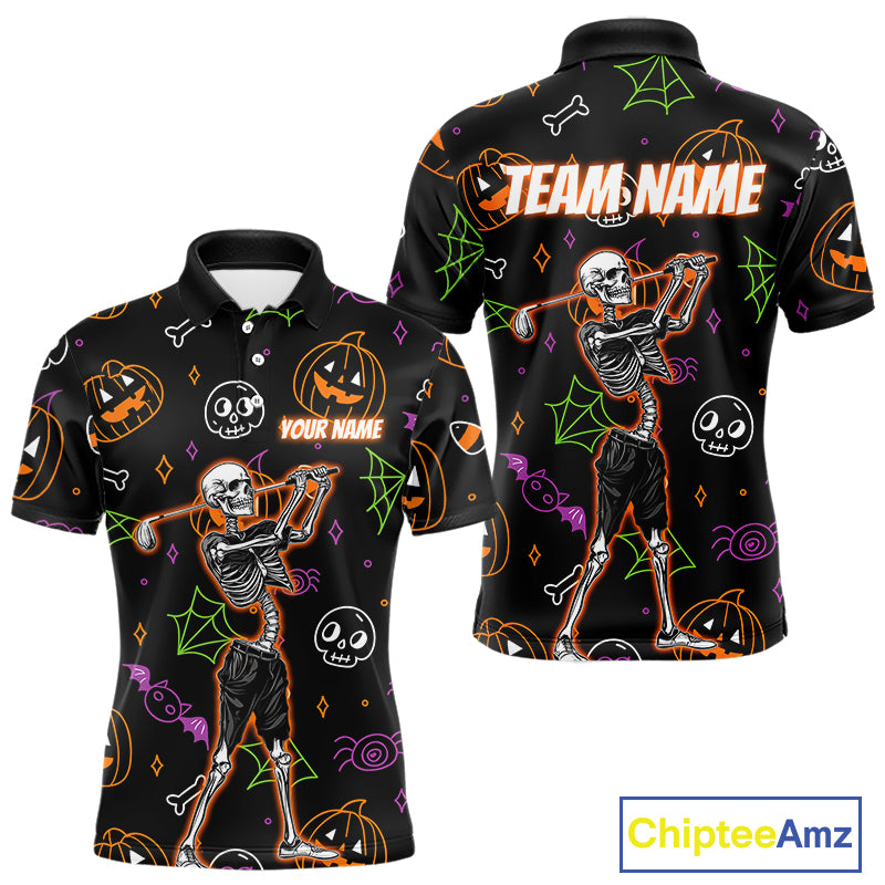 Personalized Funny Halloween Pattern Skull Golf Polo Shirts For Men, Halloween Mens Golf Gifts NQS10836