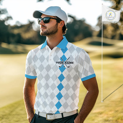 Custom Blue and White argyle pattern Golf Polo Shirts For Men, personalized team mens golf outfit NQS11210