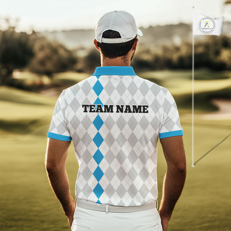 Custom Blue and White argyle pattern Golf Polo Shirts For Men, personalized team mens golf outfit NQS11210