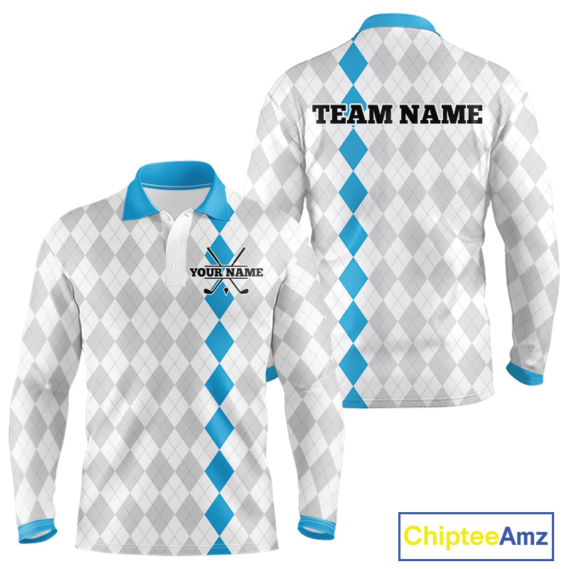 Custom Blue and White argyle pattern Golf Polo Shirts For Men, personalized team mens golf outfit NQS11210