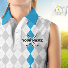 Load image into Gallery viewer, Custom Blue and White argyle pattern Sleeveless Golf Polo Shirt, personalized team ladies golf outfit NQS11210