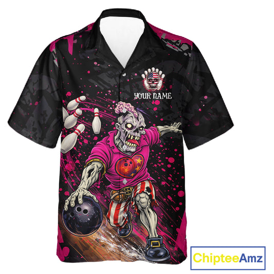 Black and Pink Funny zombie Bowling Hawaiian Shirt Custom Button up Bowling team league jerseys NQS11442