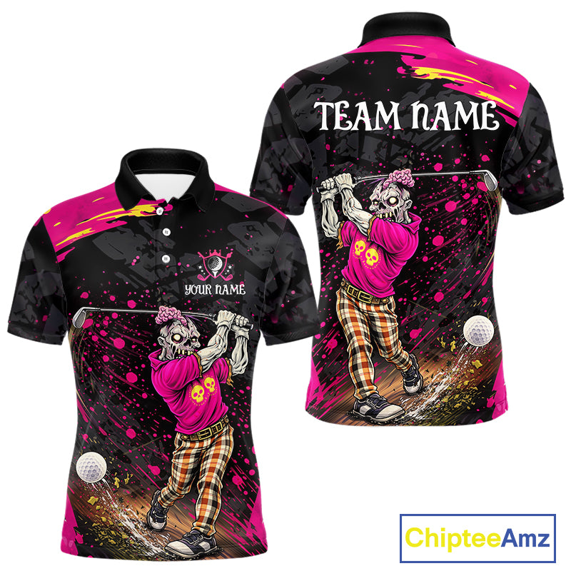 Black and Pink Funny zombie Golf Polo shirts for Men Custom team golf shirts, funny golf polos NQS11443