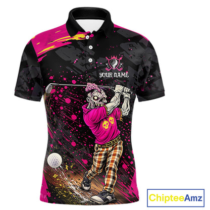 Black and Pink Funny zombie Golf Polo shirts for Men Custom team golf shirts, funny golf polos NQS11443