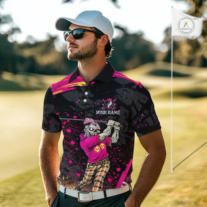 Black and Pink Funny zombie Golf Polo shirts for Men Custom team golf shirts, funny golf polos NQS11443