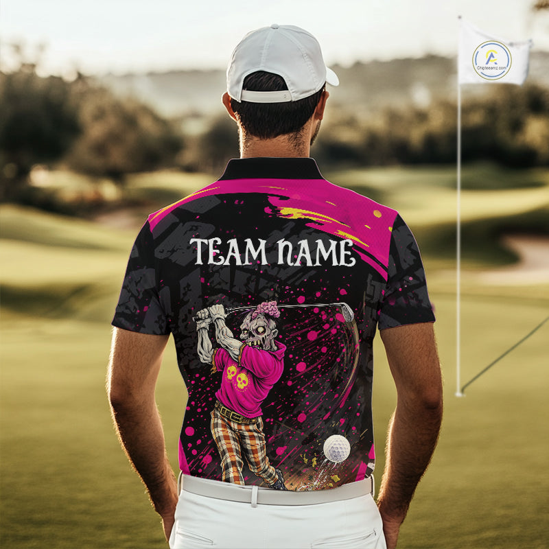 Black and Pink Funny zombie Golf Polo shirts for Men Custom team golf shirts, funny golf polos NQS11443