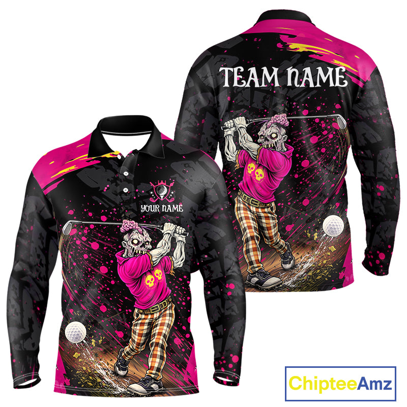 Black and Pink Funny zombie Golf Polo shirts for Men Custom team golf shirts, funny golf polos NQS11443