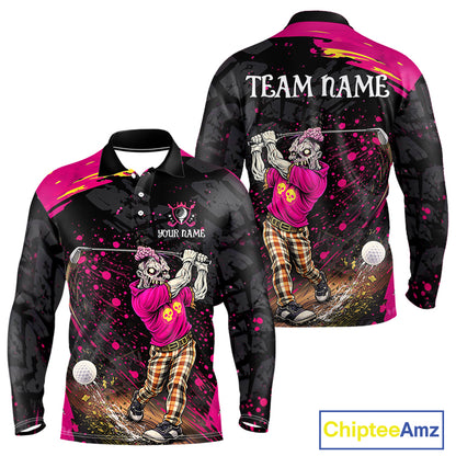 Black and Pink Funny zombie Golf Polo shirts for Men Custom team golf shirts, funny golf polos NQS11443