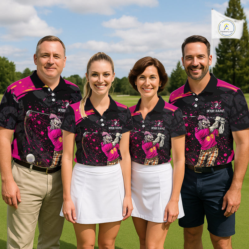 Black and Pink Funny zombie Golf Polo shirts for Men Custom team golf shirts, funny golf polos NQS11443