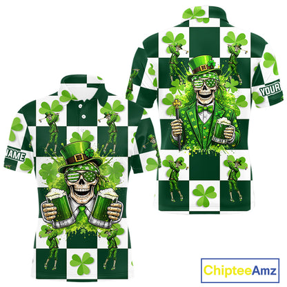 Funny Skull drink beer Clover square pattern Mens Golf Polo shirts Custom St Patrick's Day golf tops NQS11454
