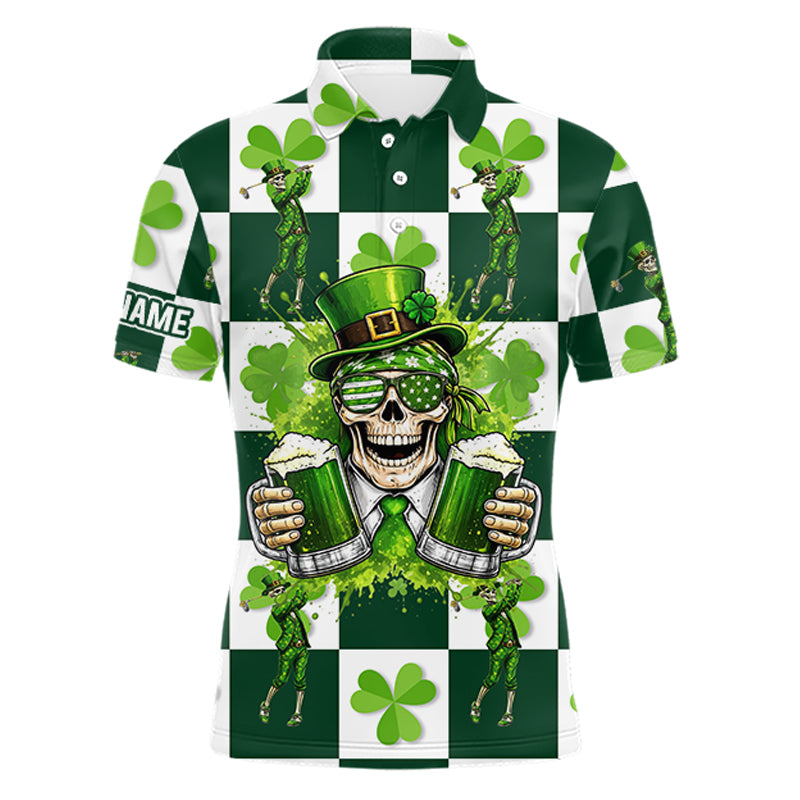Funny Skull drink beer Clover square pattern Mens Golf Polo shirts Custom St Patrick's Day golf tops NQS11454