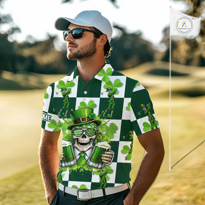 Funny Skull drink beer Clover square pattern Mens Golf Polo shirts Custom St Patrick's Day golf tops NQS11454
