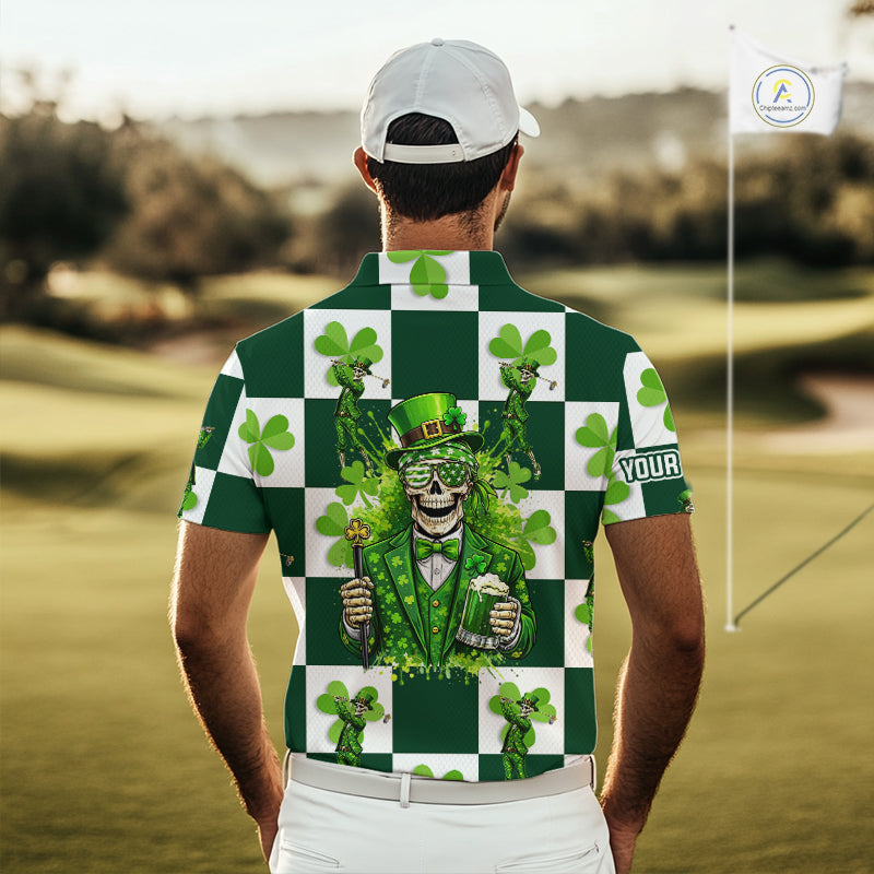 Funny Skull drink beer Clover square pattern Mens Golf Polo shirts Custom St Patrick's Day golf tops NQS11454