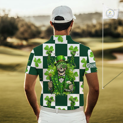 Funny Skull drink beer Clover square pattern Mens Golf Polo shirts Custom St Patrick's Day golf tops NQS11454