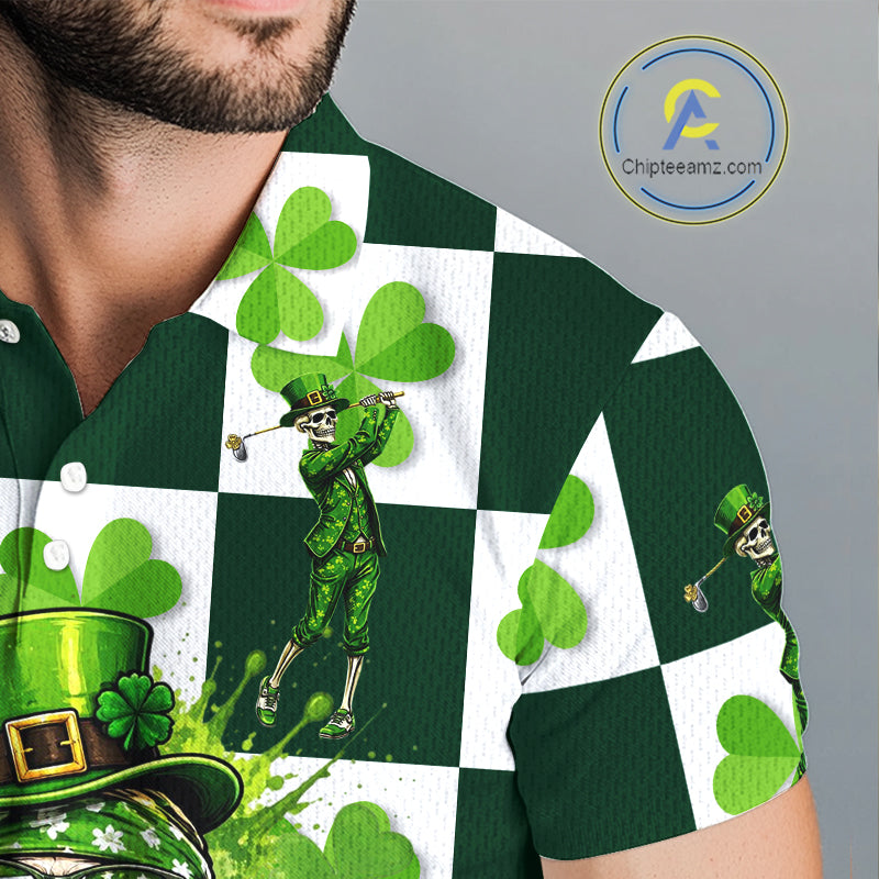 Funny Skull drink beer Clover square pattern Mens Golf Polo shirts Custom St Patrick's Day golf tops NQS11454