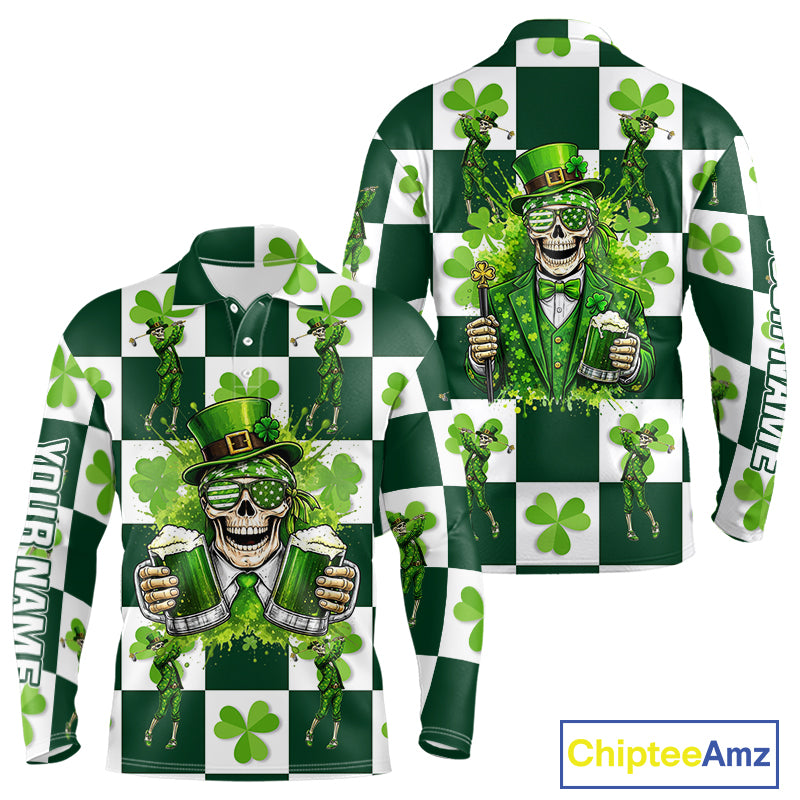 Funny Skull drink beer Clover square pattern Mens Golf Polo shirts Custom St Patrick's Day golf tops NQS11454