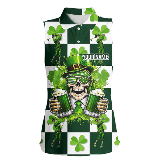 Funny Skull drink beer Clover square pattern Sleeveless Golf tops Custom St Patrick's Day golf tops NQS11454