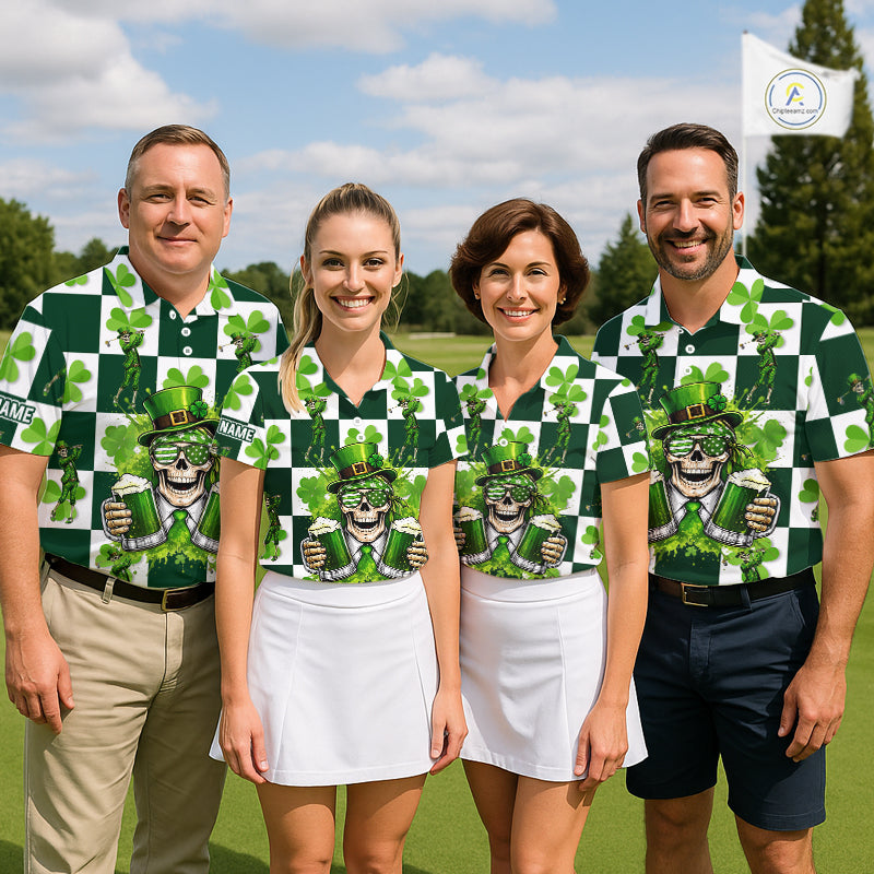 Funny Skull drink beer Clover square pattern Mens Golf Polo shirts Custom St Patrick's Day golf tops NQS11454
