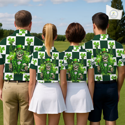 Funny Skull drink beer Clover square pattern Mens Golf Polo shirts Custom St Patrick's Day golf tops NQS11454