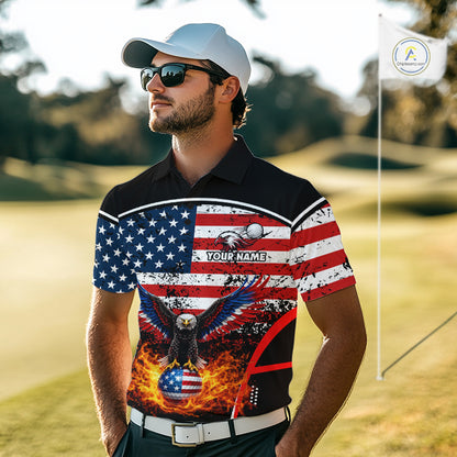 Red, White and Blue American Flag Eagle Flame Golf polo shirt for men custom patriotic golf attire NQS11736