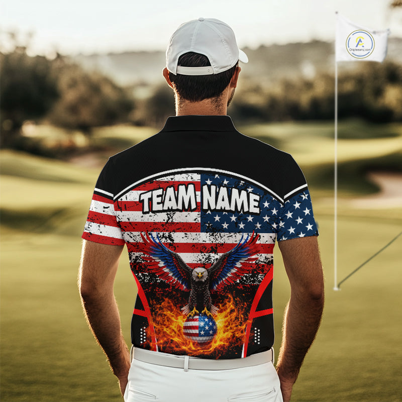 Red, White and Blue American Flag Eagle Flame Golf polo shirt for men custom patriotic golf attire NQS11736