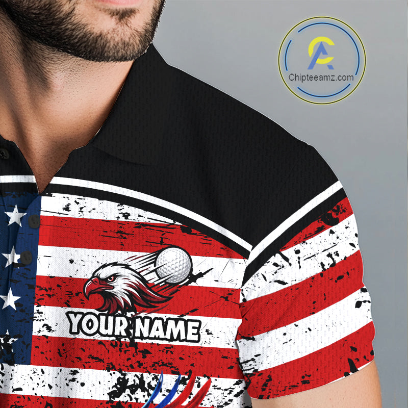 Red, White and Blue American Flag Eagle Flame Golf polo shirt for men custom patriotic golf attire NQS11736