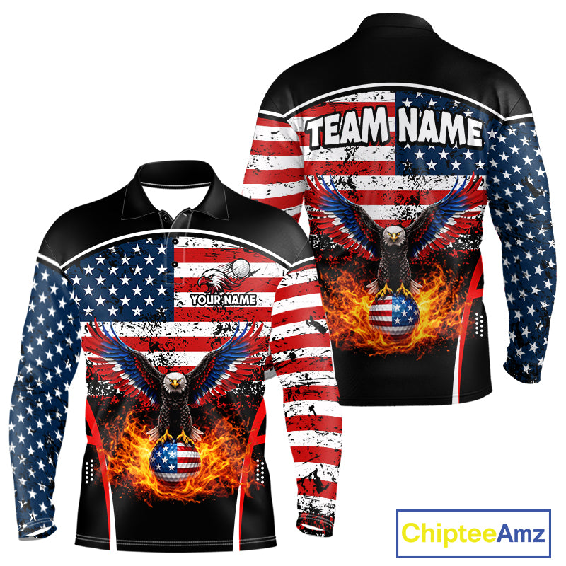Red, White and Blue American Flag Eagle Flame Golf polo shirt for men custom patriotic golf attire NQS11736