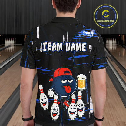 Custom Black And Blue Funny Beer Bowling Men Polo, Quarter Zip Shirts, funny bowling shirts NQS11488