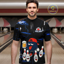 Load image into Gallery viewer, Custom Black And Blue Funny Beer Bowling Men Polo, Quarter Zip Shirts, funny bowling shirts NQS11488
