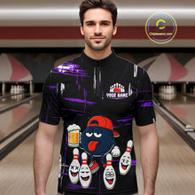 Load image into Gallery viewer, Custom Black And Purple Funny Beer Bowling Men Polo, Quarter Zip Shirts, funny bowling shirts NQS11489