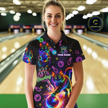 Load image into Gallery viewer, Custom Funny Cat Neon Bowling Jerseys for Ladies Bowling Outfit Polo &amp; 1/4 Zip Bowling Team Shirts NQS11515