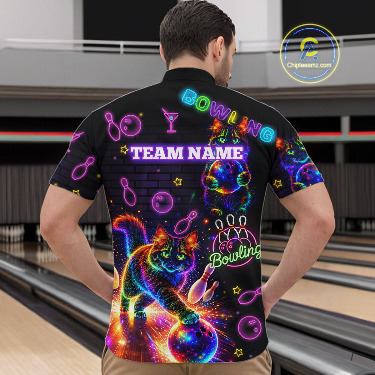 Custom Funny Cat Neon Bowling Jerseys for Men Bowling Outfit Polo & 1/4 Zip Bowling Team Shirts NQS11515
