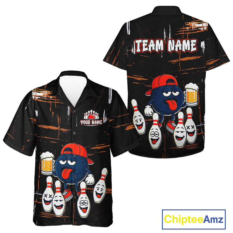Custom Black And Orange Funny Beer Hawaiian bowling jersey, funny bowling shirts NQS10959