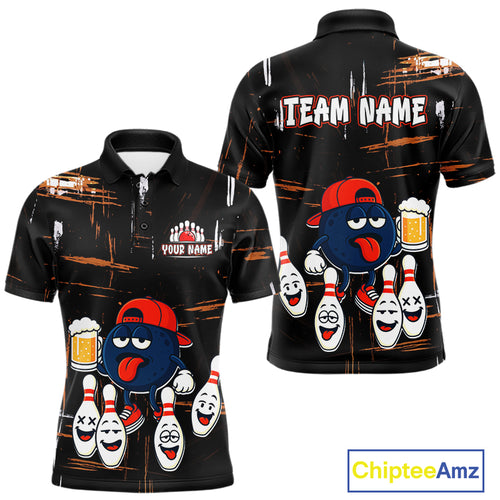 Custom Black And Orange Funny Beer Bowling Men Polo, Quarter Zip Shirts, funny bowling shirts NQS10959