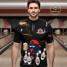 Load image into Gallery viewer, Custom Black And Orange Funny Beer Bowling Men Polo, Quarter Zip Shirts, funny bowling shirts NQS10959