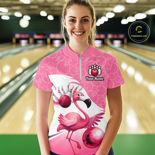 Funny Pink Flamingo Bowling Shirts for Women Custom Flamingo Team bowling jerseys, gift for bowlers NQS11715