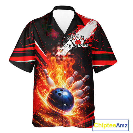 Custom Black and Red Flame Bowling Jersey Bowling Hawaiian Shirts, Team bowling outfit NQS11595